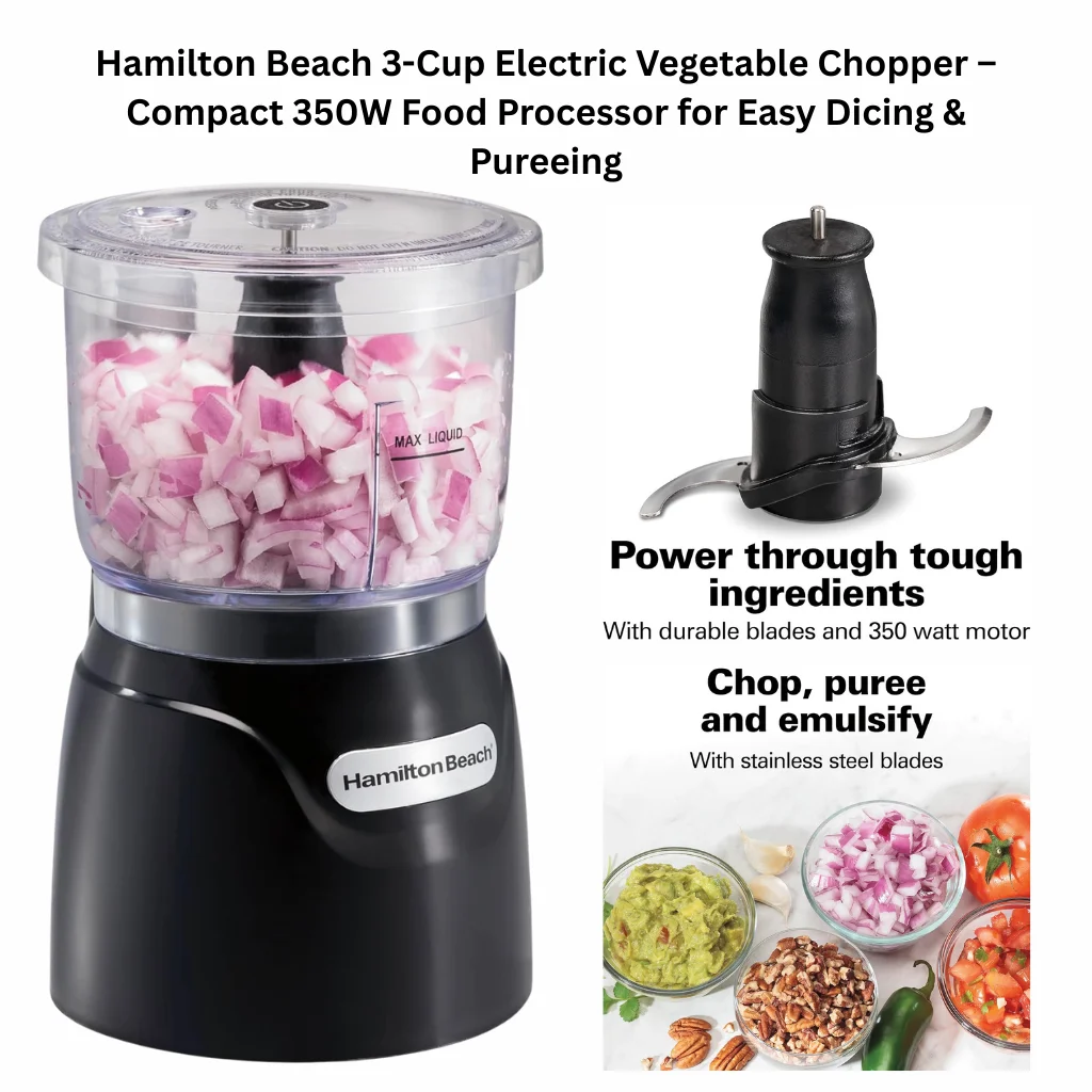 Hamilton Beach 3-cup electric vegetable chopper with 350W motor, black compact mini food processor shown chopping red onions, with stainless steel blades for dicing, mincing, and pureeing.