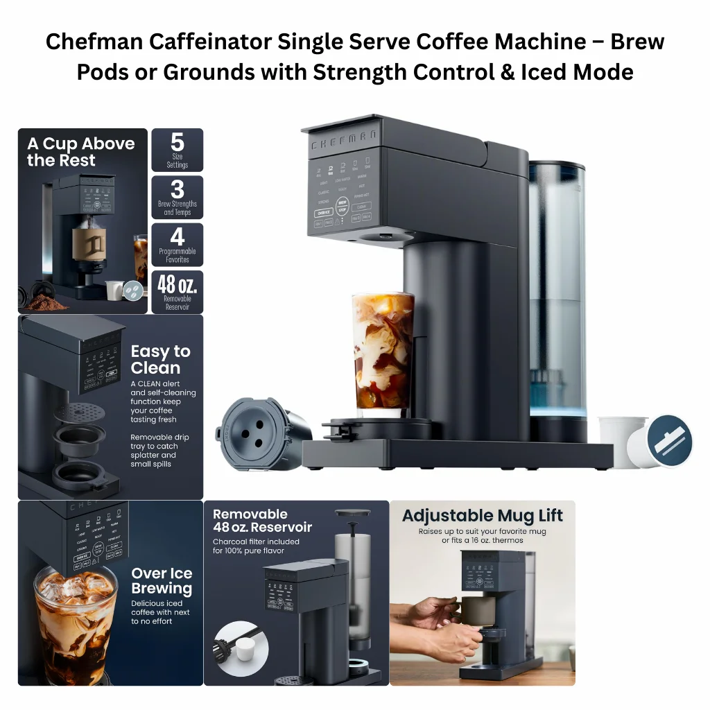 Chefman Caffeinator single-serve coffee maker with 48oz removable water reservoir, brewing iced coffee, compatible with K-Cups and ground coffee, featuring strength control and adjustable mug lift.