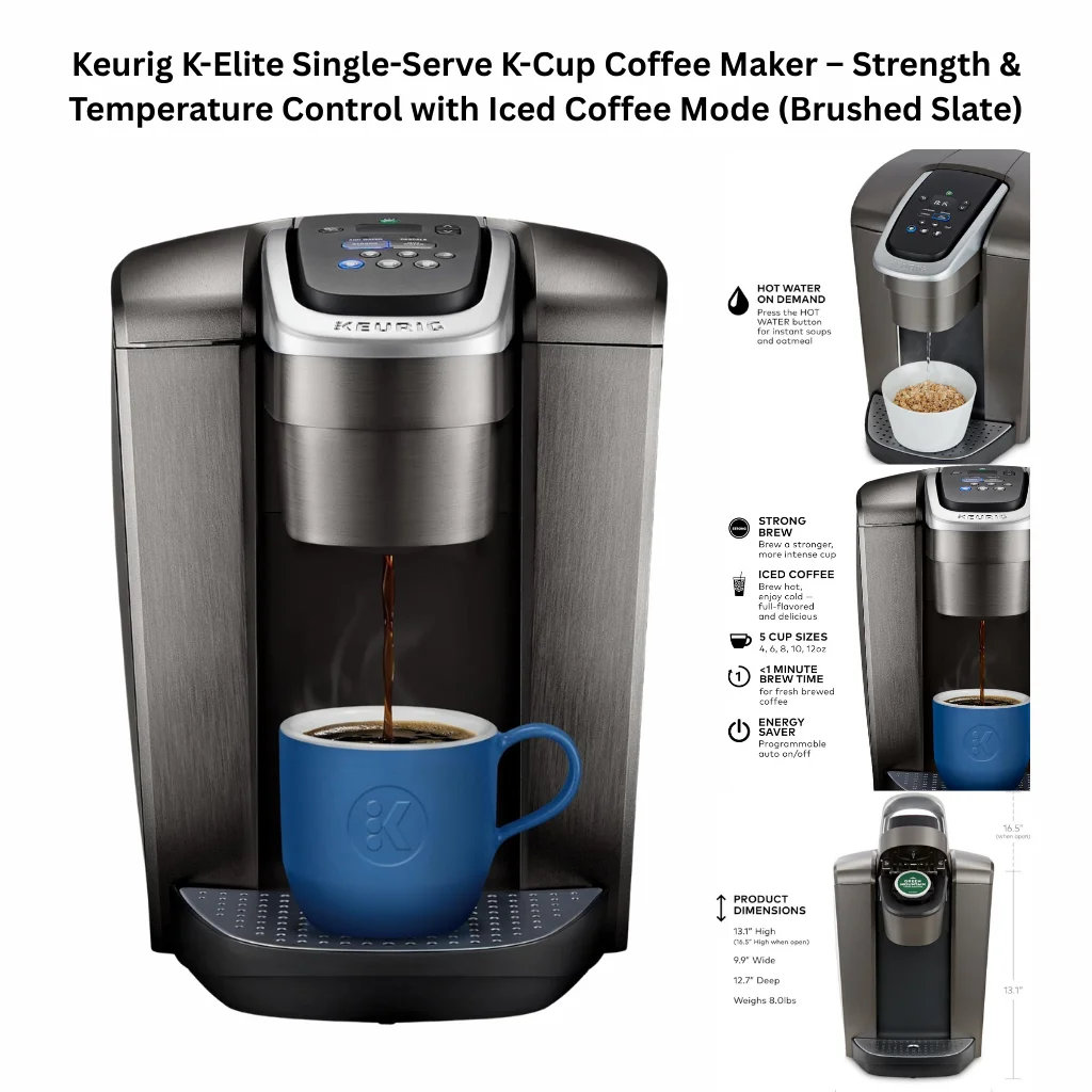 Keurig K-Elite single-serve K-Cup coffee maker in brushed slate with strength and temperature control, iced coffee mode, and multiple brew sizes, shown brewing coffee into a blue mug.