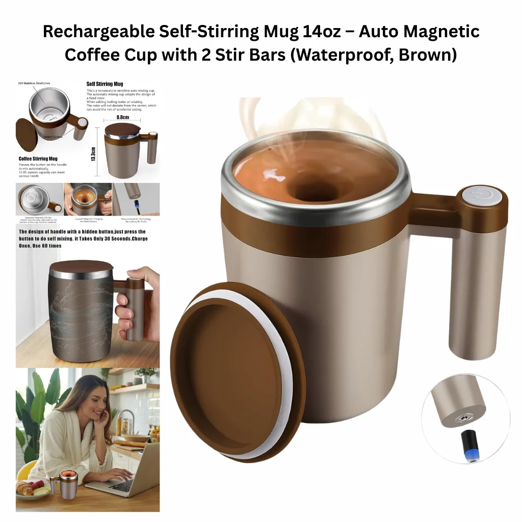 Rechargeable 14oz self-stirring mug in brown with auto magnetic mixing function, stainless steel interior, and push-button handle, shown blending coffee automatically with two stir bars.