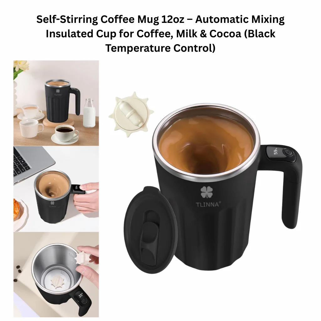 12oz black self-stirring coffee mug with automatic magnetic mixing and temperature control display, insulated stainless steel interior, shown blending coffee with detachable stir bar.