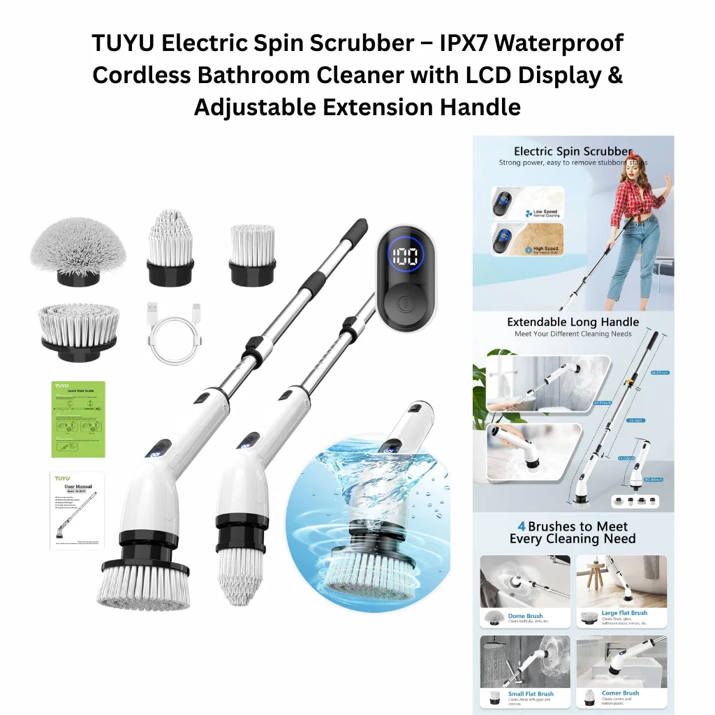 TUYU cordless electric spin scrubber with IPX7 waterproof design, LCD power display, adjustable extension handle, and multiple brush heads for bathroom and kitchen cleaning.