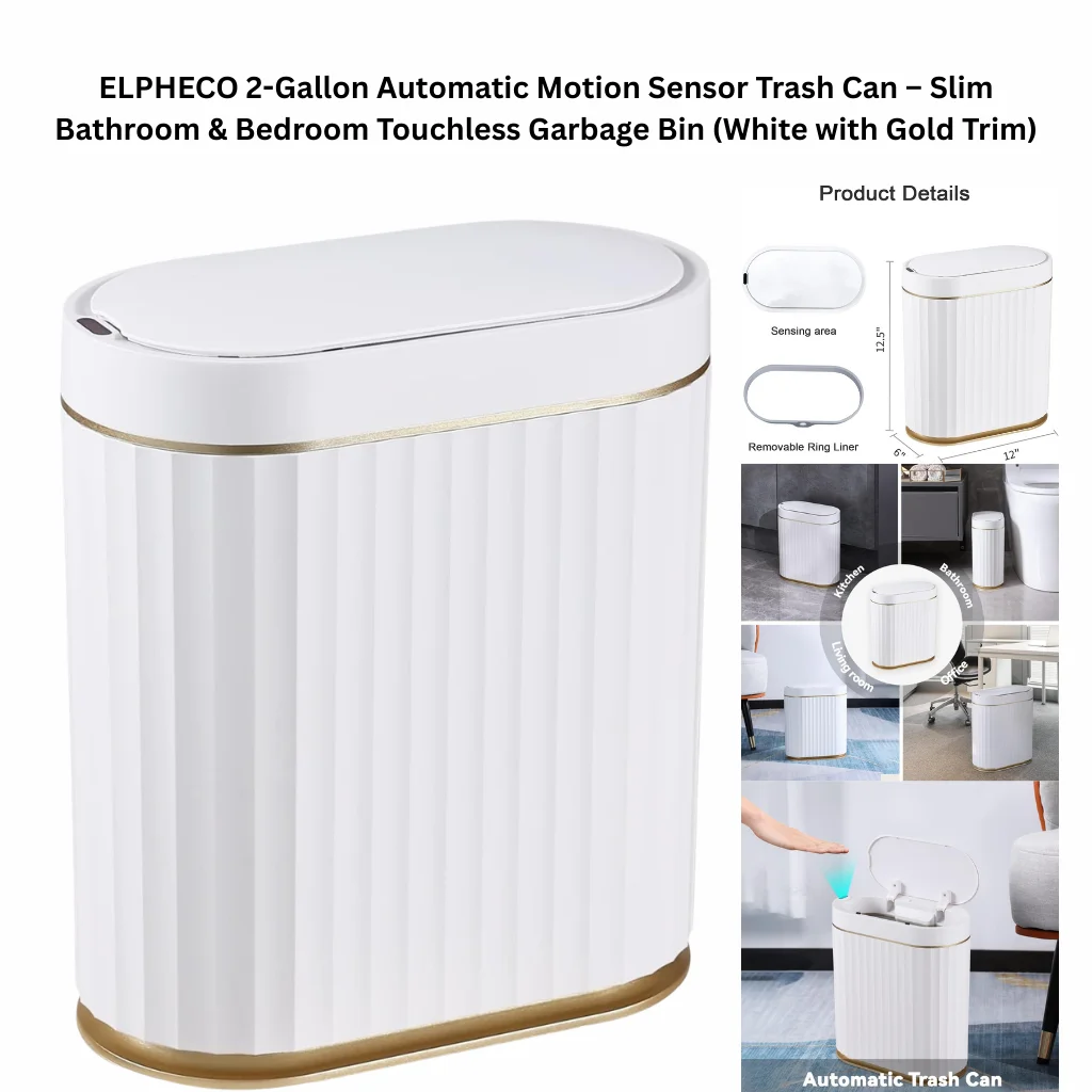 ELPHECO 2-gallon automatic motion sensor trash can in white with gold trim, slim touchless garbage bin designed for bathroom, bedroom, kitchen, or office use.