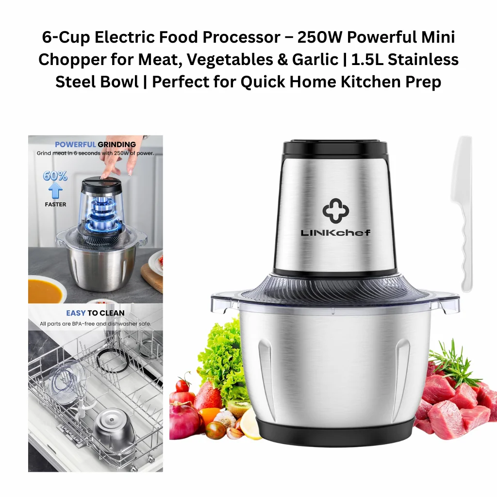 6-cup stainless steel electric food processor with 250W motor, mini kitchen chopper for meat, vegetables, onion and garlic, featuring 1.5L steel bowl and dishwasher-safe parts.