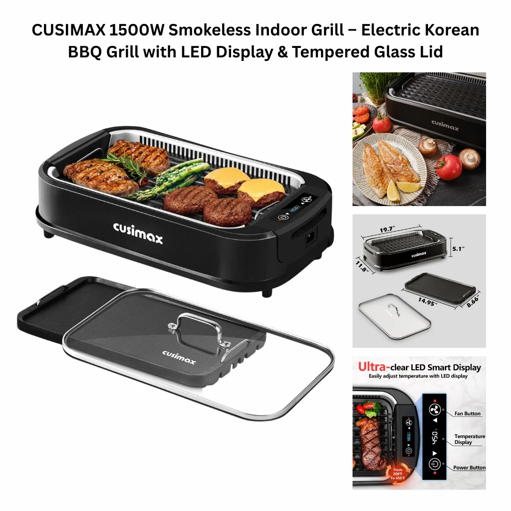 CUSIMAX 1500W smokeless indoor electric grill with LED smart display and tempered glass lid, featuring nonstick removable grill and griddle plates, shown cooking steak, burgers, and vegetables.