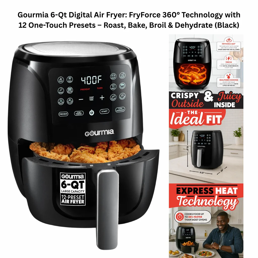 A product infographic for a black 1500-watt air fryer featuring 12 one-touch functions, FryForce 360° technology, and express heat technology that cooks food up to 30% faster than most ovens.