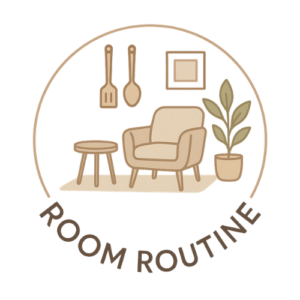 Room Routine logo with minimalist armchair, side table, wall decor, and indoor plant.