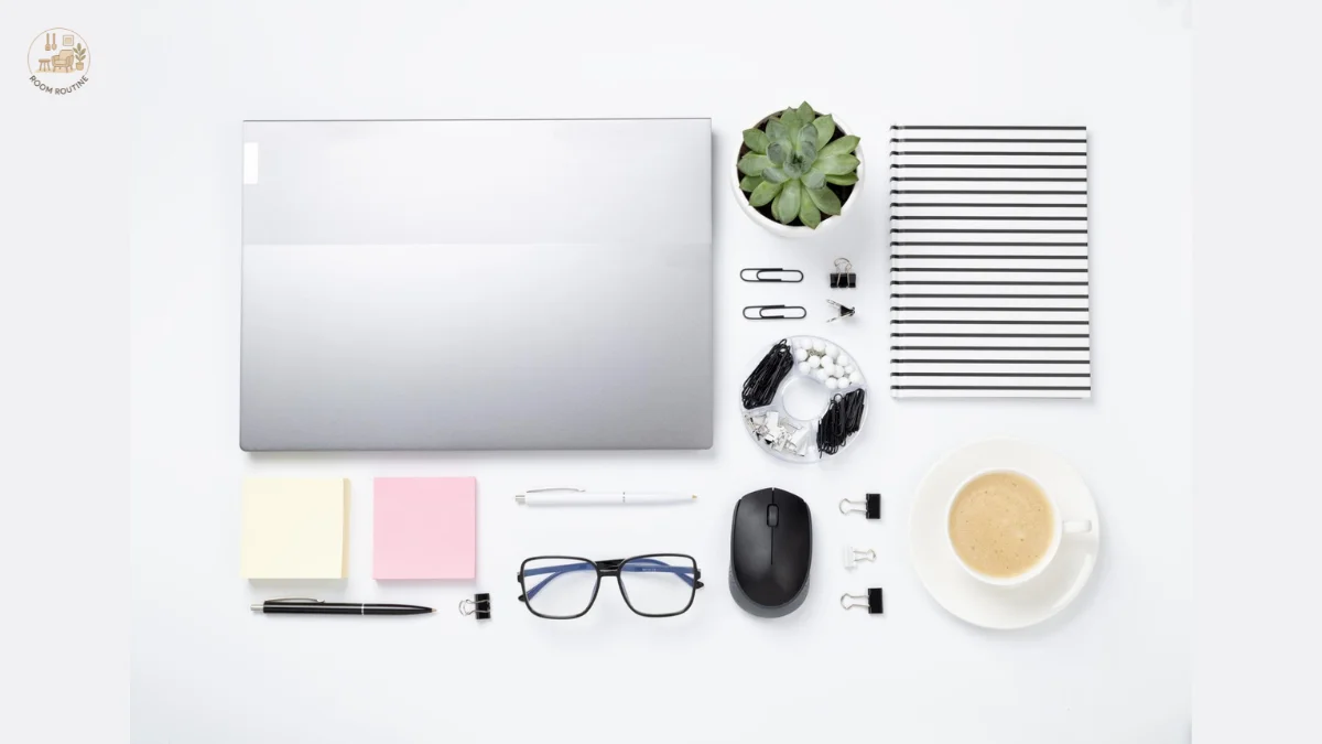 Minimalist home workspace with laptop, notebook, coffee, and organized desk essentials