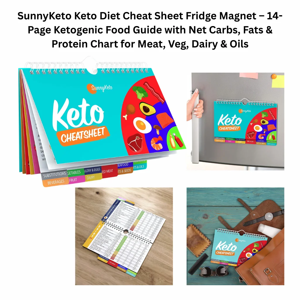 This image shows the SunnyKeto Keto Diet Cheat Sheet Fridge Magnet, a 14-page ketogenic food guide. The guide includes charts for net carbs, fats, and protein for various food categories such as meat, vegetables, dairy, and oils.
