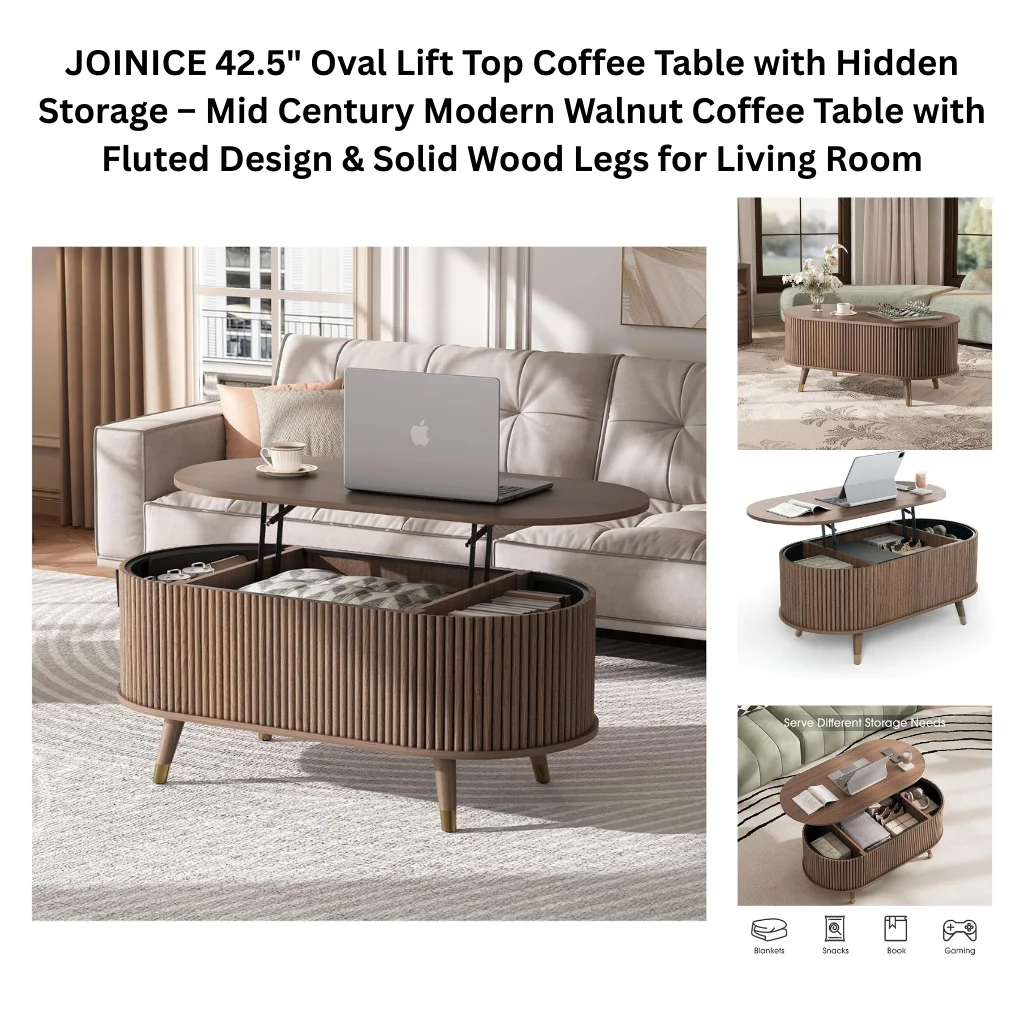 A product collage showing a walnut-finish oval coffee table with a distinctive vertical fluted panel body, angled solid wood legs with gold-toned feet, and a hydraulic lift-top mechanism. The main lifestyle image shows the table in front of a beige sofa with the top raised and a laptop resting on the elevated surface, revealing a spacious hidden interior compartment containing folded blankets and magazines. Three supporting images show the table closed with flowers on top in a styled living room, a product-only shot with the lift top partially raised, and a close-up of the open storage compartment labeled to serve different storage needs including blankets, snacks, books, and gaming accessories.