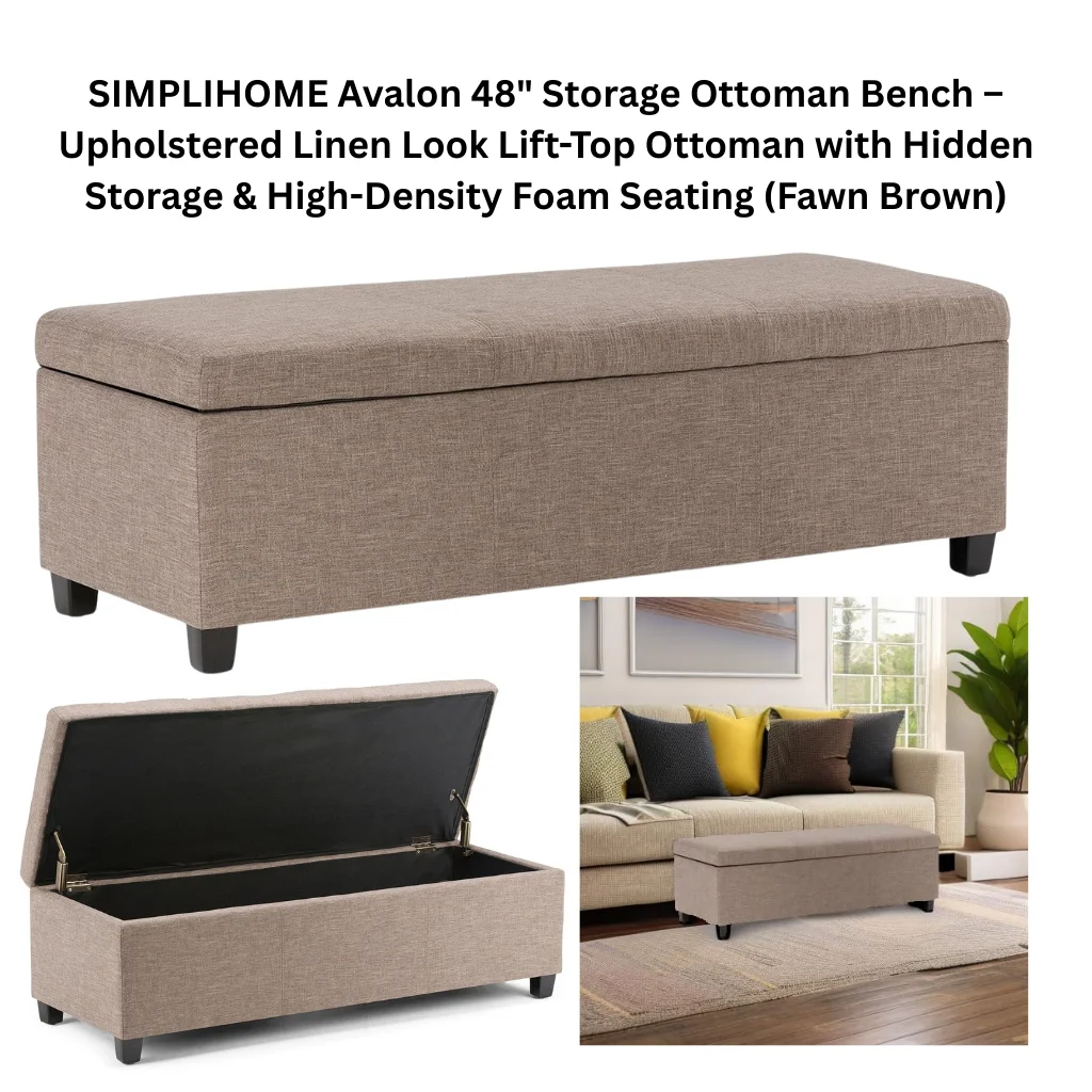 A product collage showing a large rectangular fawn brown linen-look upholstered storage ottoman bench on four dark wood block feet. The main image shows the ottoman closed with a clean, tufted top surface. A second image shows the lid fully open via a hinged lift-top mechanism, revealing a spacious black-lined interior storage compartment with visible brass hinge hardware. A lifestyle photo shows the ottoman positioned as a coffee table in front of a beige sofa with colorful throw pillows in a bright living room.