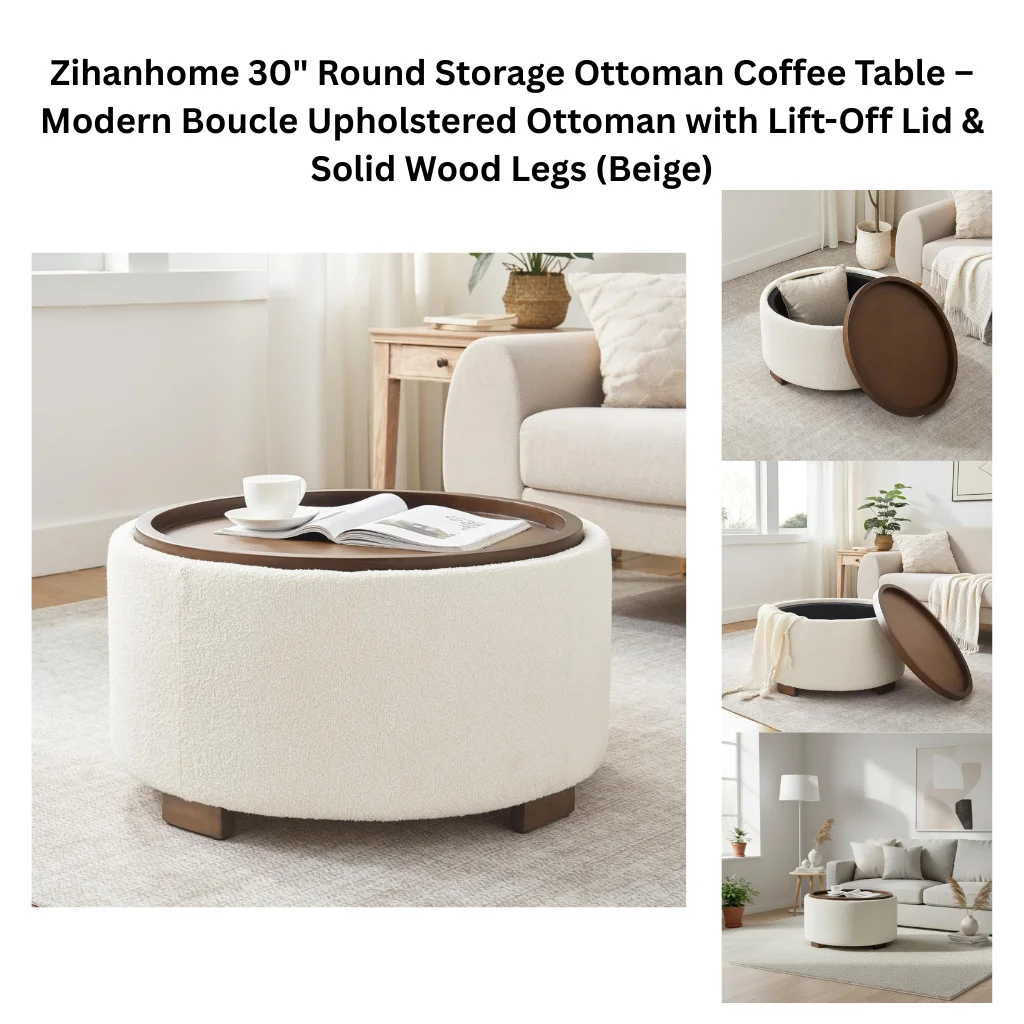 A product collage showing a large round ottoman upholstered in cream boucle fabric, sitting on four short walnut-tone solid wood feet. The removable lid doubles as a circular wooden tray top. The main lifestyle image shows the ottoman used as a coffee table in front of a cream sofa, with a cup and open magazine resting on the tray lid. Two additional images show the lid removed and set aside to reveal the open interior storage compartment lined in dark fabric, and a wide-angle lifestyle shot of the ottoman styled as a centerpiece in a minimal, all-neutral living room.