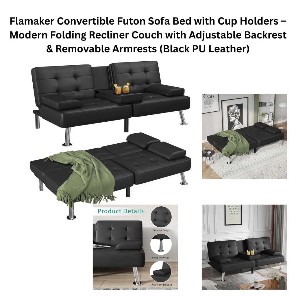 A product collage showing a black tufted PU leather convertible futon sofa bed with chrome metal legs and a fold-down center console with two cup holders. The main images display the futon in both its upright sofa configuration with drinks in the cup holders, and fully reclined as a flat bed with a green throw blanket draped over it. A product details infographic highlights the tufted exquisite design, heavy duty chrome legs, and two included pillows. Two lifestyle photos show the futon reclined flat in a modern bedroom setting, and in sofa position with cup holders in use in a living room with white paneled walls.