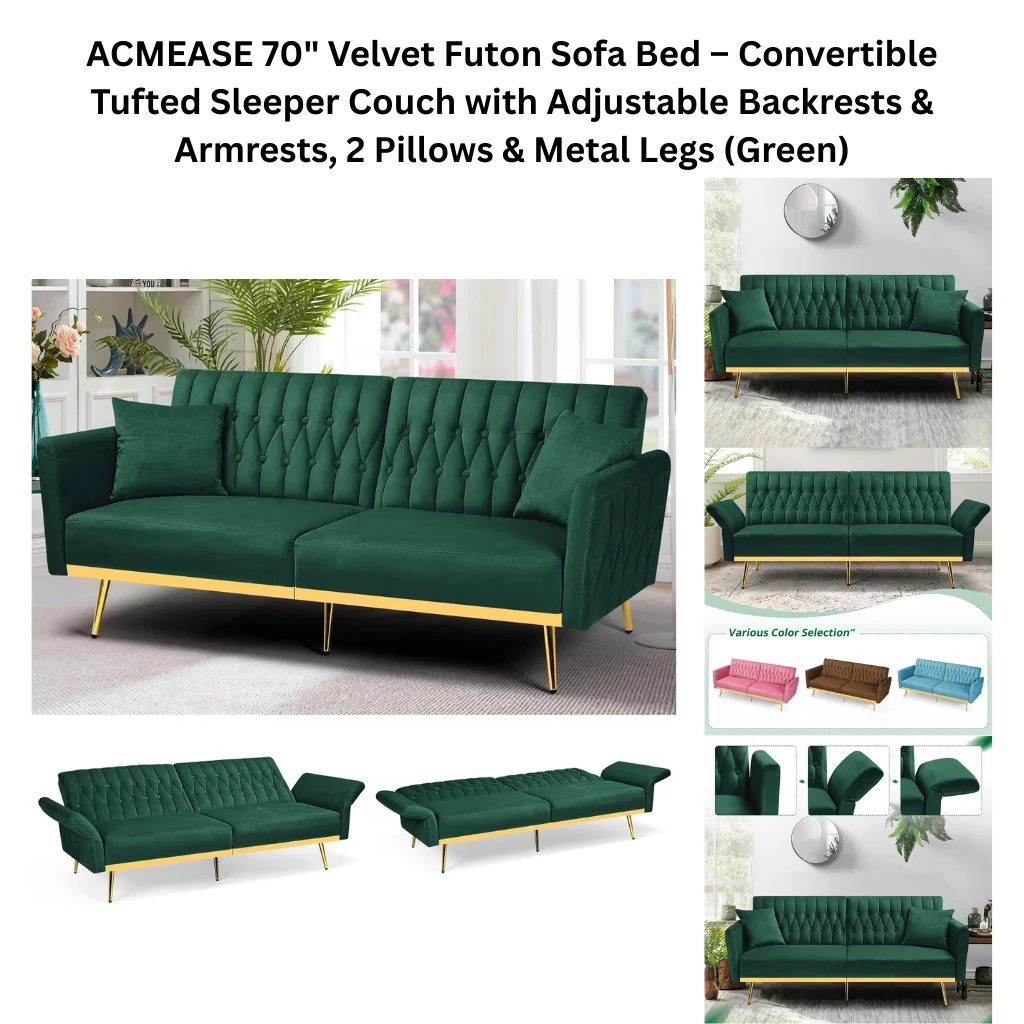 A product collage showing a deep green velvet tufted futon sofa bed with gold hairpin metal legs and a gold accent base rail. The main lifestyle image shows the sofa in upright position with two matching green throw pillows in a bright living room with plants. Two smaller images below demonstrate the adjustable backrest positions, from reclined to fully flat. Supporting images on the right show the sofa styled in a neutral living room, a three-position backrest adjustment sequence, a color selection panel showing the sofa also available in pink, brown, and blue, and a close-up detail shot highlighting the velvet tufting and adjustable armrests.