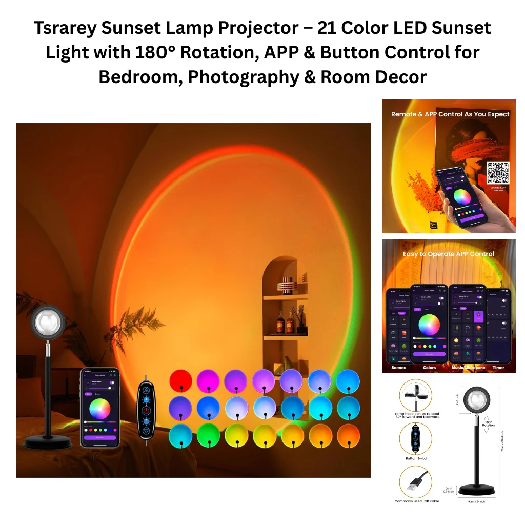 A product collage showing a compact black LED sunset projector lamp on a round weighted base, casting a large warm orange-red circular glow on a bedroom wall. The main image displays the lamp alongside a smartphone app interface and a physical remote control, with a grid of 21 color projection options ranging from red, purple, and blue to green, yellow, and multicolor. Supporting images show the smartphone app with control screens for scenes, colors, music response, and timer functions, a lifestyle photo demonstrating the warm sunset projection effect on a wall with a model, and a product diagram illustrating the 180-degree rotatable lamp head, button switch, USB cable connection, and overall dimensions of approximately 9 inches tall.