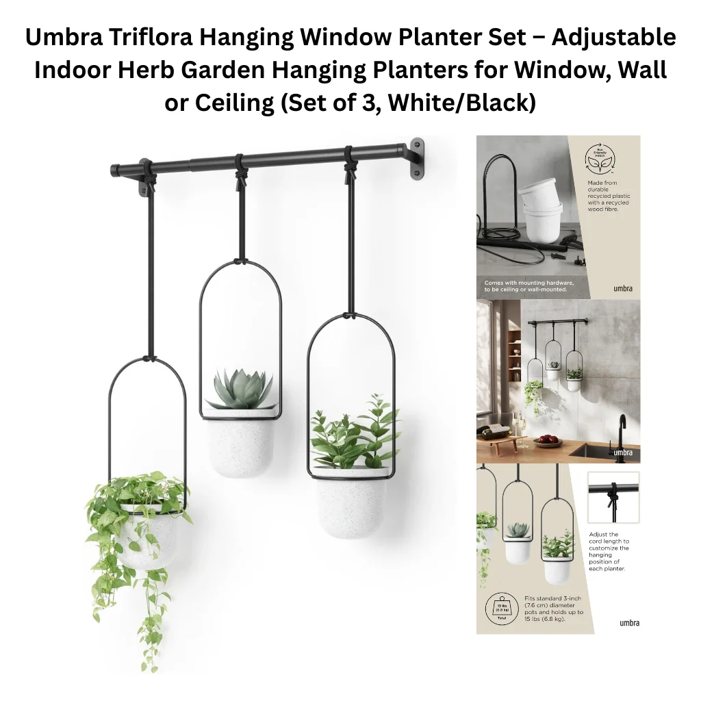 A product collage showing a set of three white rounded pot planters suspended at varying heights from black arched metal frames, all hanging from a horizontal black metal rod mounted to a wall. The main image displays the three planters with a trailing vine plant, a succulent, and a leafy herb. Supporting images include a materials callout noting the pots are made from durable recycled plastic with recycled wood fibre, a lifestyle photo of the planter set installed above a kitchen sink area, a detail diagram showing the adjustable cord length feature for customizing each planter's hanging height, and a specifications note indicating the pots fit standard 3-inch diameter plants and the total system holds up to 15 pounds.