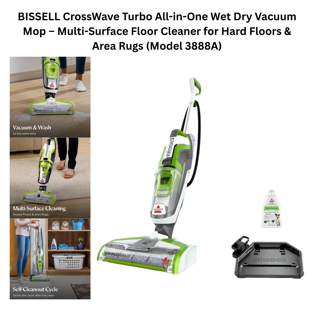 A product collage showing a green, white, and gray upright all-in-one vacuum mop with a wide cleaning head, transparent dirty water tank, and corded design. The main image shows the full unit standing upright alongside its included BISSELL Multi-Surface cleaning solution bottle and a black plastic self-cleaning brush roll tray dock. Three feature callout images on the left demonstrate the vacuum and wash simultaneously capability on hard floors, multi-surface cleaning on both sealed floors and area rugs, and the self-cleanout cycle function where the unit is placed in its tray dock to clean the brush roll after use.