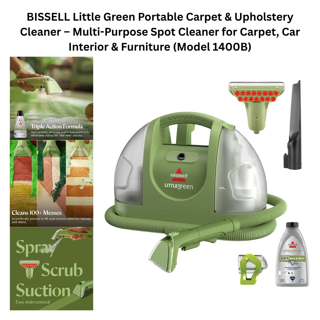 A product collage showing a compact dome-shaped portable spot cleaner in sage green and silver with a carry handle, flexible green ribbed hose, and spray trigger nozzle. Included accessories shown separately include a wide upholstery brush tool with red rubber bristles and a narrow crevice tool, a tough stain tool attachment, and a bottle of BISSELL Little Green OXY Spot & Stain cleaning formula. Feature callout panels on the left highlight the Triple Action Formula that permanently removes stains and eliminates odors, a before-and-after demonstration showing the machine cleaning 100-plus types of messes on carpet, and a three-step cleaning process graphic illustrating the spray, scrub, and suction method.