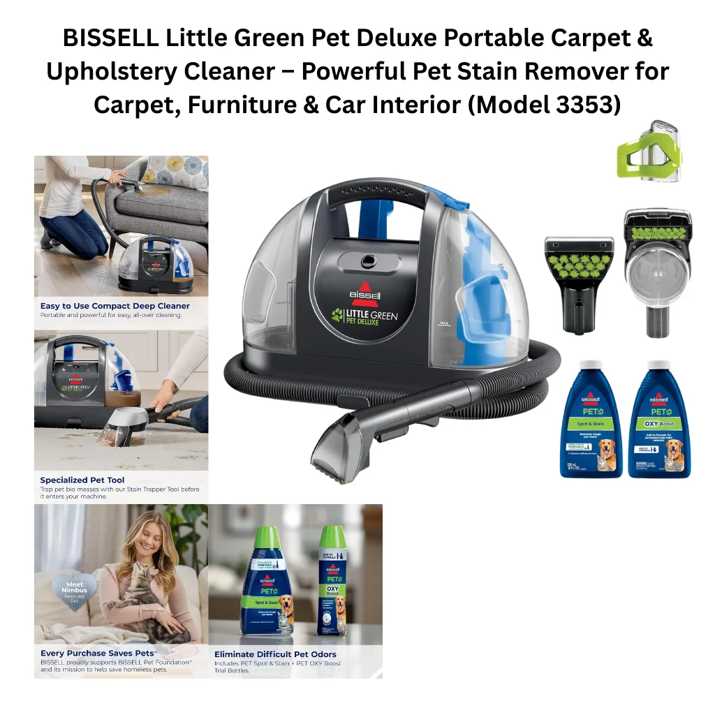 A product collage showing a compact dome-shaped portable spot cleaner in dark gray and blue with a carry handle, black ribbed hose, and spray trigger nozzle. Included accessories shown separately include a green tough stain tool, a wide pet brush tool with rubber bristles, a crevice tool, a round pet hair tool, and two trial-size bottles of BISSELL PET Spot & Stain and PET OXY Boost cleaning formulas. Feature callout panels on the left highlight its easy-to-use compact deep cleaner design for portable all-over cleaning, a specialized Stain Trapper pet tool for capturing pet bio messes before they enter the machine, a charitable note that every purchase supports the BISSELL Pet Foundation to help save homeless pets, and a callout that the included cleaning solution set helps eliminate difficult pet odors.