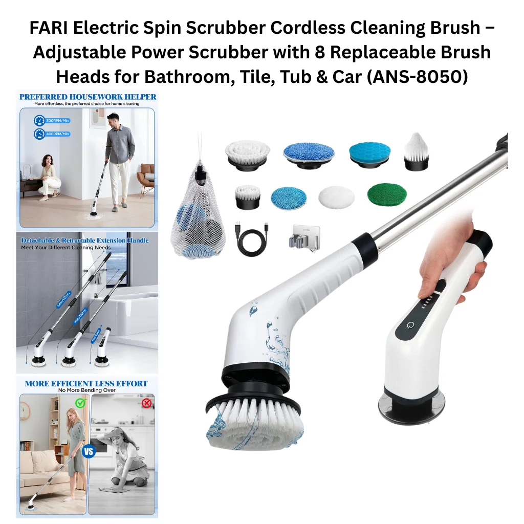 A product collage showing a white and black cordless electric spin scrubber with an angled neck, power button with LED indicator, and stainless steel extendable handle. Eight interchangeable brush head attachments are displayed separately, including round stiff bristle brushes, a blue microfiber pad, a flat sponge pad, a green scrub pad, and a conical brush, along with a mesh storage bag, USB charging cable, and wall-mount hook. Three feature callout panels on the left highlight the two-speed settings of 300 and 400 RPM for preferred housework efficiency, the detachable and retractable extension handle adjustable to three lengths for different cleaning reach, and an ergonomic comparison graphic showing the upright no-bend-over cleaning posture versus traditional hand scrubbing on the floor.