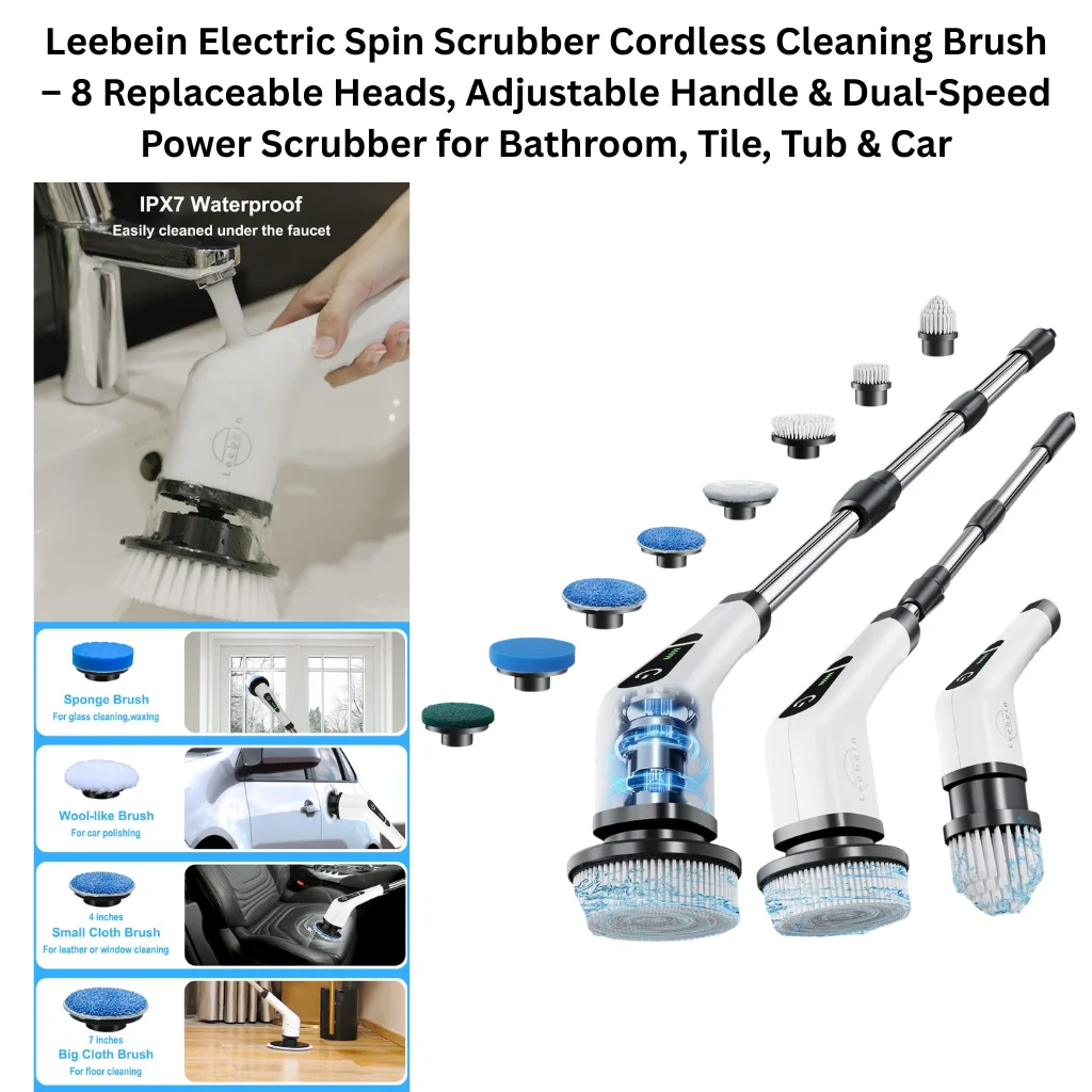 A product collage showing a white and black cordless electric spin scrubber with an angled neck, LED display, and stainless steel extendable handle, displayed in three configurations showing different handle lengths and brush head attachments. Eight interchangeable heads are shown fanned out above the units, ranging from large flat bristle pads and cloth brushes to small conical and dome-shaped heads. A top callout highlights the IPX7 waterproof rating, shown being rinsed under a faucet. Four feature panels on the left identify specific brush head uses: a sponge brush for glass cleaning and waxing, a wool-like brush for car polishing, a 4-inch small cloth brush for leather or window cleaning, and a 7-inch big cloth brush for floor cleaning.