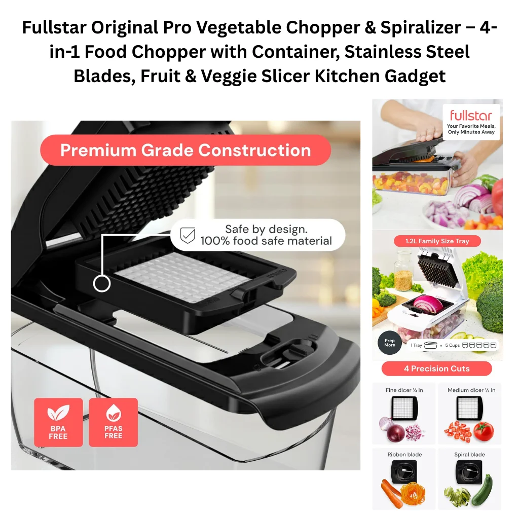 A product collage showing a black and clear acrylic vegetable chopper with a hinged pressing lid and integrated collection container. The main close-up image highlights the premium grade construction with a callout noting 100% food safe material, along with BPA Free and PFAS Free badges. Supporting panels on the right show the chopper in use pressing down on red onion over a collection of chopped vegetables, a 1.2-liter family size tray infographic noting one tray equals five cups of prep capacity, and a four precision cuts guide illustrating the included blade options: a fine ¼-inch dicer, a medium ½-inch dicer, a ribbon blade, and a spiral blade for different vegetable cutting styles.