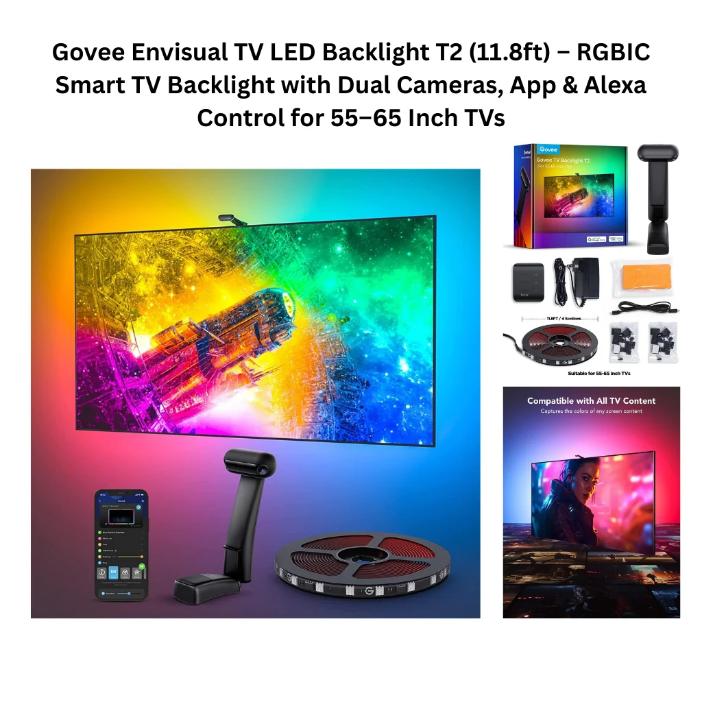 A product collage showing a Govee TV LED backlight system casting vivid RGBIC color gradients behind a wall-mounted TV displaying a colorful space scene. The main lifestyle image shows the full setup including the dual-camera capture unit on a stand, the coiled 11.8-foot LED strip reel, and a smartphone running the Govee app for control. Supporting images include the retail packaging alongside the camera mount unit, a complete in-box contents layout showing the control box, power adapter, LED strip divided into four sections, mounting clips, and adhesive accessories noting compatibility with 55 to 65-inch TVs, and a second lifestyle panel demonstrating the system syncing ambient colors to a cinematic action scene on screen, labeled as compatible with all TV content.