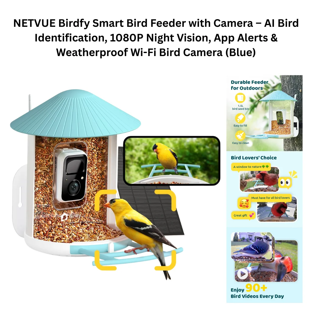 A product collage showing a teal and white smart bird feeder with a wide ridged canopy roof, transparent seed tray filled with mixed birdseed, an integrated 1080P Wi-Fi camera module, and an attached solar panel for power. The main image shows a yellow goldfinch perched on the feeder with AI detection brackets highlighted around it, alongside a smartphone displaying a live camera view of the same bird. Supporting panels on the right highlight the durable outdoor feeder design with a 1.5-liter seed bin that is easy to fill and clean, a bird lovers' choice social proof panel with user review quotes and cardinal photos, a video capture preview showing colorful birds at the feeder, and a callout noting the app delivers 90-plus bird videos every day.