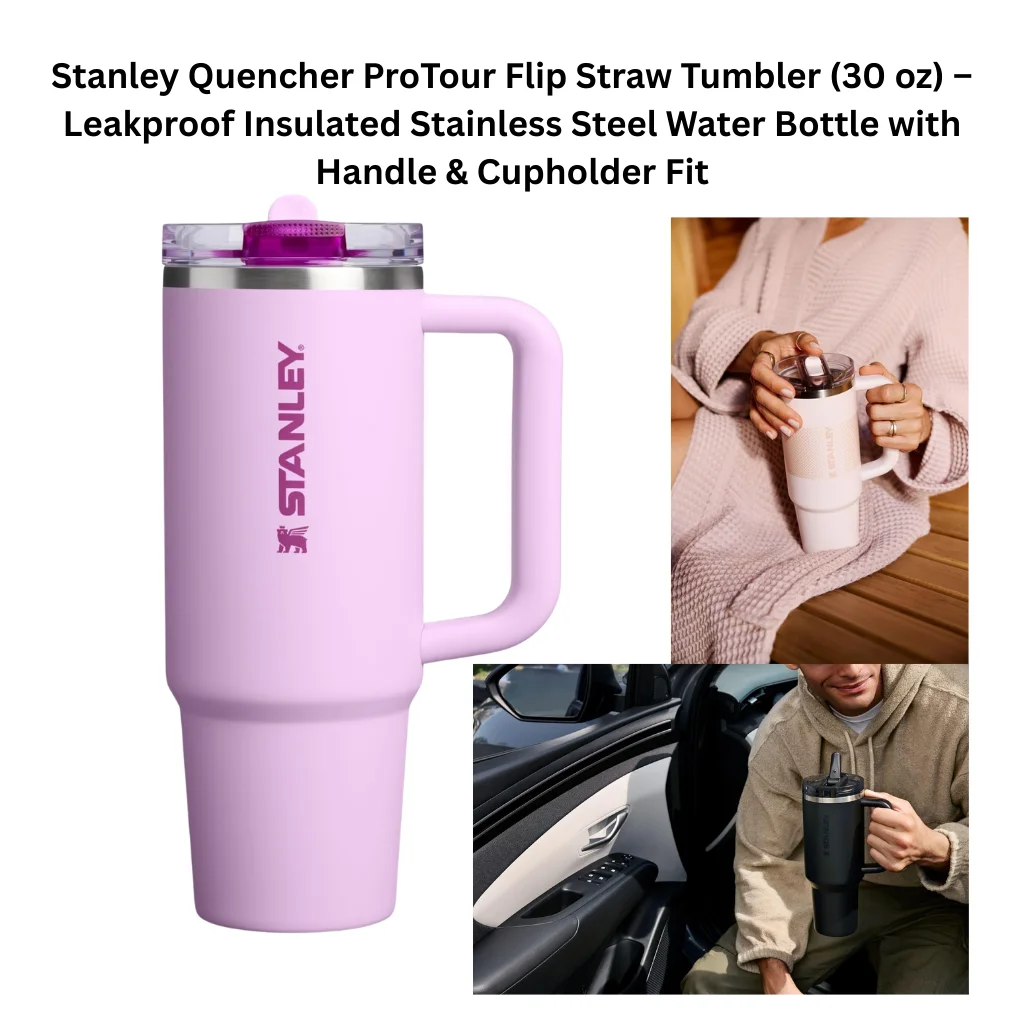 A product collage showing a matte lilac purple Stanley tumbler with a large integrated handle, tapered cupholder-compatible base, and a clear flip lid with a built-in straw and purple accent. Two lifestyle photos show a woman in a cozy knit sweater holding a light pink version of the tumbler indoors, and a man in a hoodie placing a navy version into a car cupholder, demonstrating the cupholder-fit design.