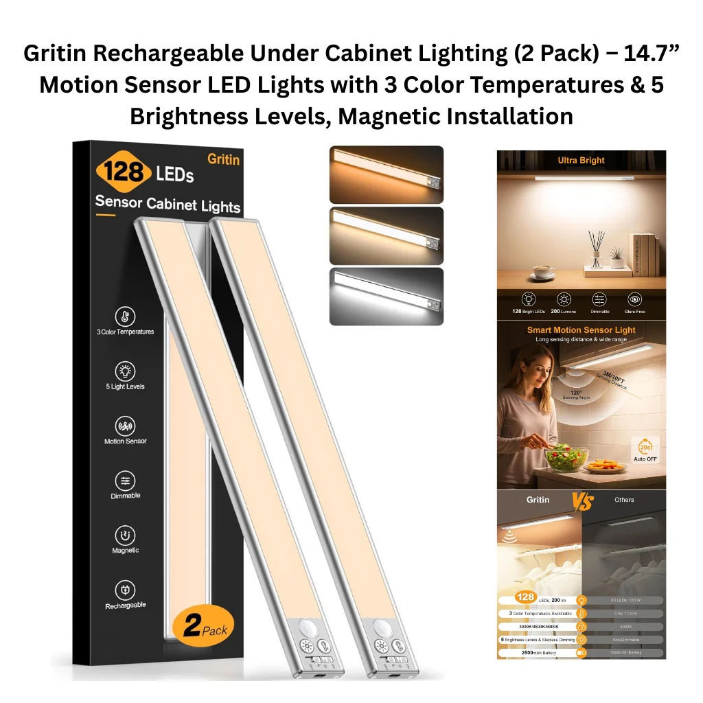 A product collage showing two slim silver aluminum LED light bars leaning against their retail box, which lists six key features: 3 color temperatures, 5 light levels, motion sensor, dimmable, magnetic, and rechargeable. Three small swatches show the warm white, neutral white, and cool daylight color temperature options. Supporting panels on the right highlight the ultra bright specs of 128 LEDs and 200 lumens with a glare-free dimmable output shown illuminating a shelf display, a smart motion sensor diagram noting a 10-foot sensing distance, 120-degree sensing angle, and 20-second auto-off timer with a lifestyle kitchen photo, and a brand comparison chart showing Gritin's advantages over competing products across LED count, lumens, color temperature range, brightness levels, and battery capacity.