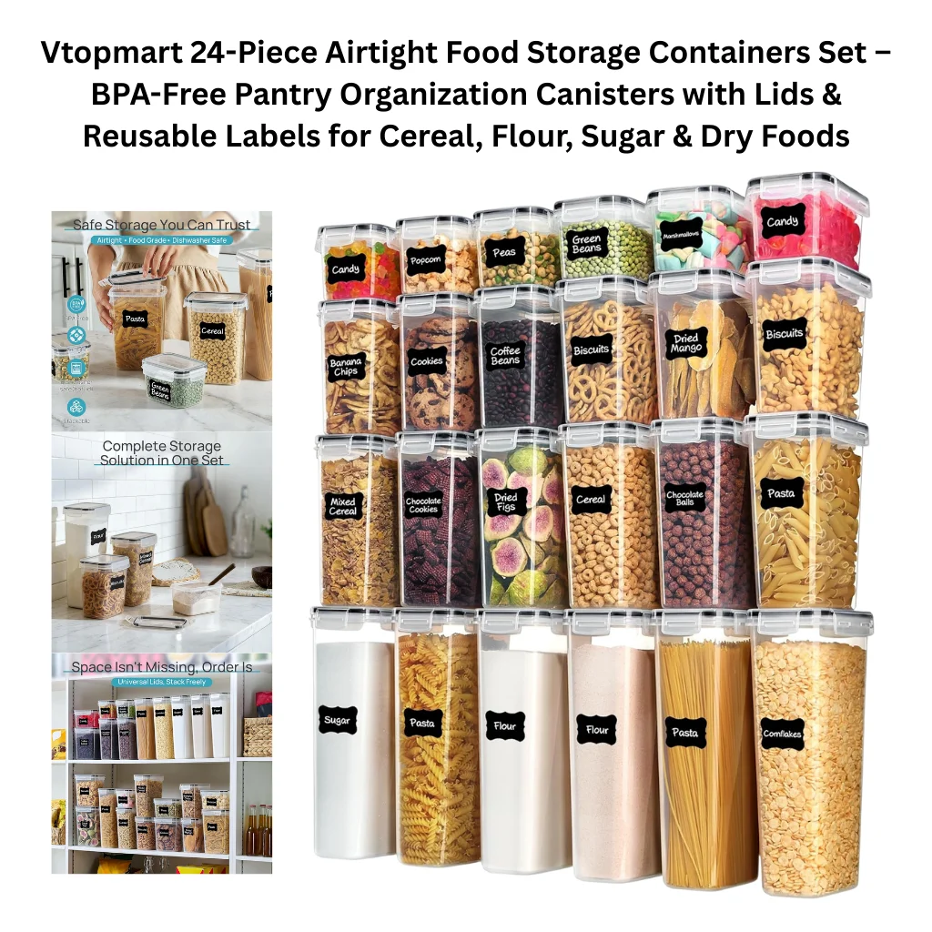 A product collage showing a full 24-piece set of clear rectangular airtight food storage containers with dark gray locking lids and black chalkboard-style reusable labels, arranged in four rows by size. The containers are filled and labeled with a variety of dry goods including candy, popcorn, peas, green beans, marshmallows, banana chips, cookies, coffee beans, biscuits, dried mango, mixed cereal, chocolate cookies, dried figs, cereal, chocolate balls, pasta, sugar, flour, and cornflakes. Three supporting panels on the left highlight safe airtight food-grade dishwasher-safe storage, a complete storage solution in one set shown on a kitchen counter, and two pantry shelf organization photos demonstrating the universal lids and free-stacking design under the caption "Space Isn't Missing, Order Is.