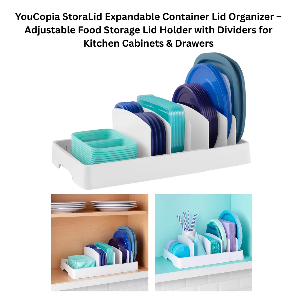 A product collage showing a white plastic expandable tray organizer with four adjustable vertical dividers, holding an assortment of food storage container lids sorted upright by size in teal, navy, and blue tones ranging from small square lids to large round lids. Two lifestyle photos show the organizer in use inside a wooden kitchen cabinet below stacked plates with lids neatly separated by size, and on a countertop styled with pastel lids and a cup of striped paper straws in a teal kitchen setting.