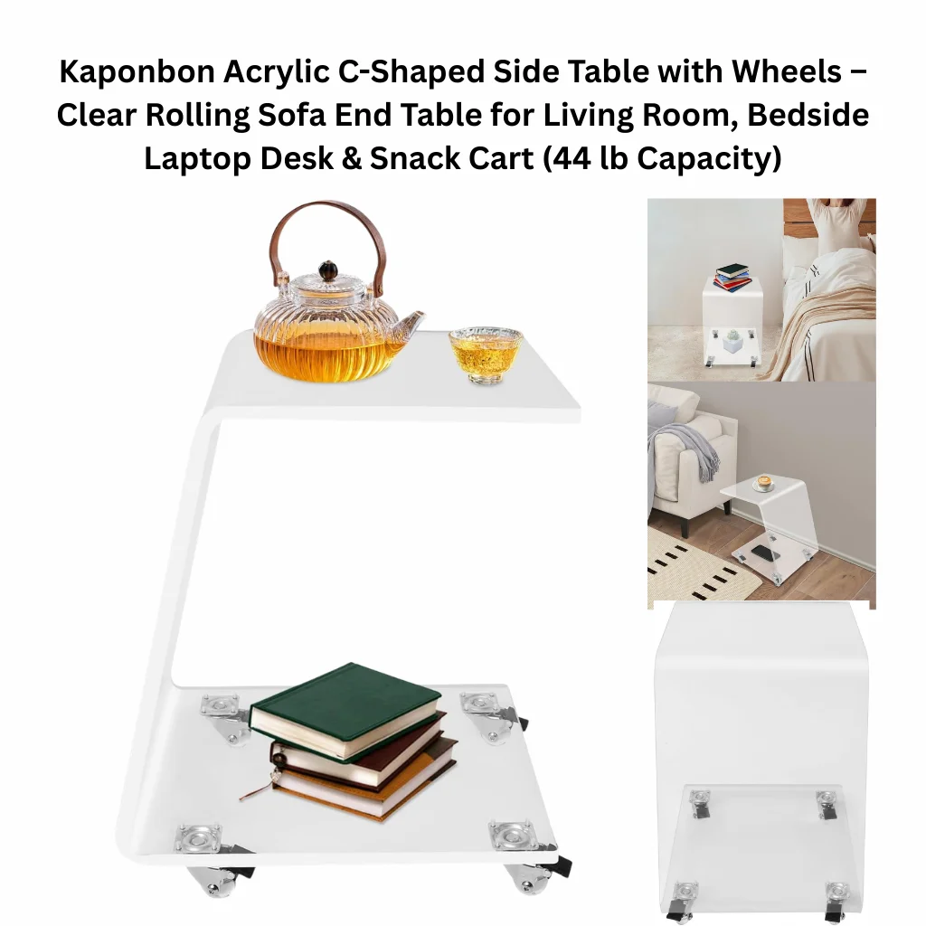 A product collage showing a white acrylic C-shaped two-tier side table on four silver locking caster wheels. The main image displays the table against a white background with a glass teapot and cup on the upper surface and a stack of books on the lower shelf. Two lifestyle photos show the table positioned beside a bed with books on top, and next to a living room armchair. A close-up detail image highlights the silver locking wheel mechanism at the base.