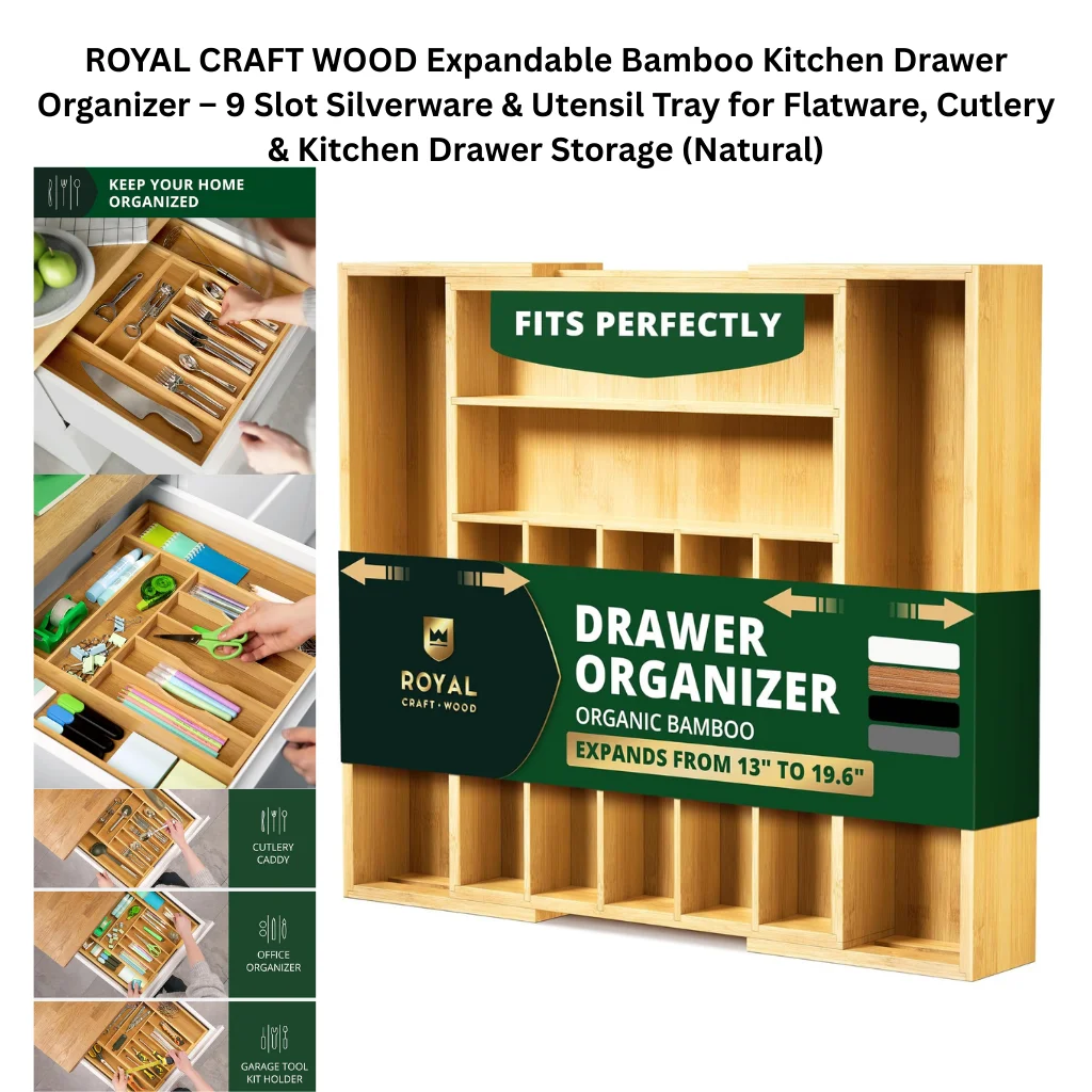 A product collage showing a natural bamboo expandable drawer organizer with multiple compartments of varying widths, displayed with its retail packaging band noting it expands from 13" to 19.6" wide and is made from organic bamboo. A "Fits Perfectly" callout is displayed at the top. Four color finish swatches show it is available in natural, walnut, black, and gray. A left side panel shows three lifestyle use-case photos of the organizer in a kitchen drawer holding cutlery and flatware, in an office drawer storing stationery and supplies, and in a garage tool drawer, with corresponding labels for cutlery caddy, office organizer, and garage tool kit holder.