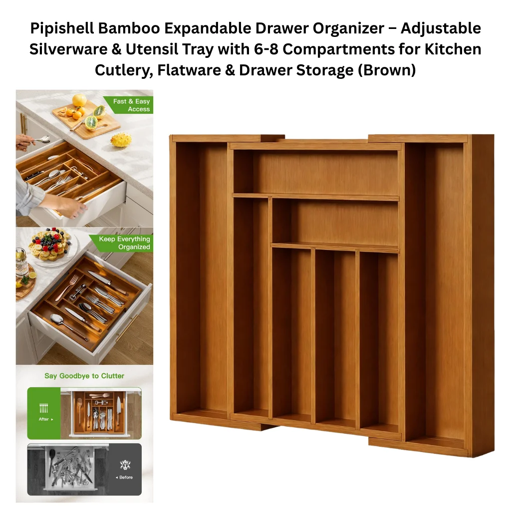 A product collage showing a warm brown bamboo expandable drawer organizer with sliding side extensions that increase the compartment count from 6 to 8 slots, featuring two rows of dividers with narrower slots at the top for smaller utensils and wider slots at the bottom for larger cutlery. Three lifestyle panels on the left show the organizer in a white kitchen drawer filled with flatware labeled "Fast & Easy Access," a fully extended view holding a complete cutlery set labeled "Keep Everything Organized," and a before-and-after comparison under the tagline "Say Goodbye to Clutter" contrasting a chaotic jumbled drawer with the neatly organized tray.