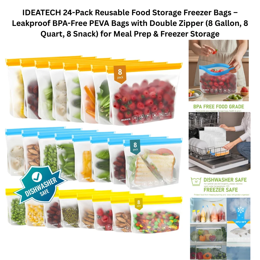A product collage showing all 24 reusable PEVA food storage bags arranged in three rows by size, each with a color-coded double zipper seal — yellow for gallon, blue for quart, and yellow for snack — filled with various fruits, vegetables, grains, and prepared foods to demonstrate capacity. A Dishwasher Safe badge is prominently displayed on the quart row. Supporting panels on the right show a lifestyle photo of a person filling a gallon bag with strawberries, a BPA Free Food Grade callout with a dishwasher loading photo confirming safe machine washing at up to 70°C, and a freezer safe callout with a refrigerator and freezer storage photo noting a temperature range of -20°C to -88°F. Sonnet 4.6