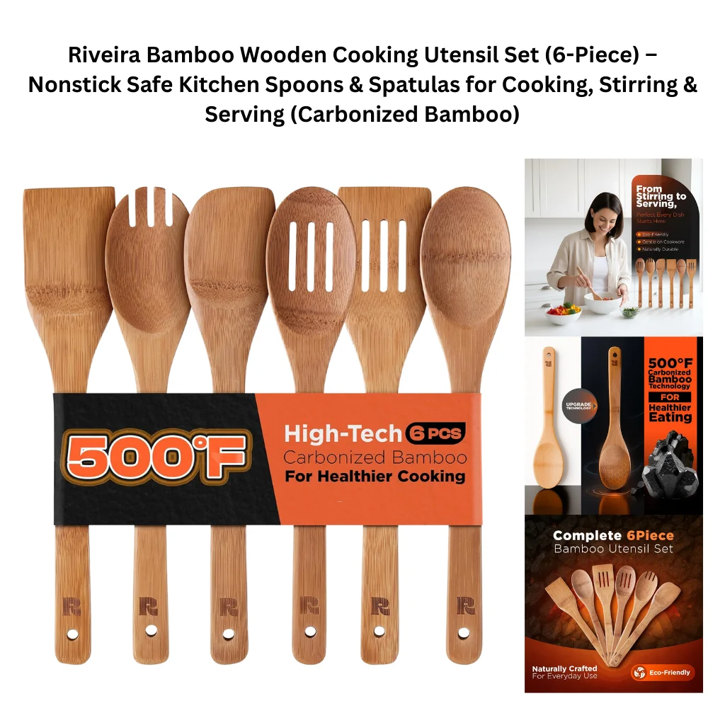 A product collage showing six natural carbonized bamboo cooking utensils bundled together with an orange and black retail band, including a flat spatula, fork spatula, solid spoon, slotted oval spoon, slotted spatula, and a large serving spoon, each with the Riveira "R" logo and a hanging hole at the base. The band highlights the 500°F heat resistance and carbonized bamboo technology for healthier cooking. Supporting panels on the right show a lifestyle photo of a woman stirring a salad bowl with feature callouts for BBQ-friendly, gentle on cookware, and naturally durable, a close-up comparison of standard versus carbonized bamboo spoons noting the upgrade technology, and a complete 6-piece set display labeled naturally crafted for everyday use and eco-friendly.