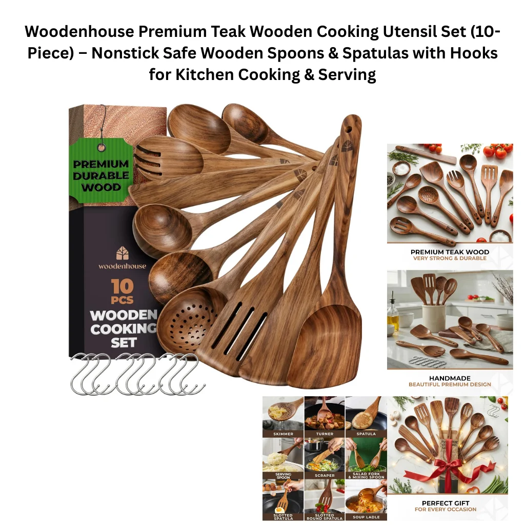 A product collage showing six natural carbonized bamboo cooking utensils bundled together with an orange and black retail band, including a flat spatula, fork spatula, solid spoon, slotted oval spoon, slotted spatula, and a large serving spoon, each with the Riveira "R" logo and a hanging hole at the base. The band highlights the 500°F heat resistance and carbonized bamboo technology for healthier cooking. Supporting panels on the right show a lifestyle photo of a woman stirring a salad bowl with feature callouts for BBQ-friendly, gentle on cookware, and naturally durable, a close-up comparison of standard versus carbonized bamboo spoons noting the upgrade technology, and a complete 6-piece set display labeled naturally crafted for everyday use and eco-friendly.