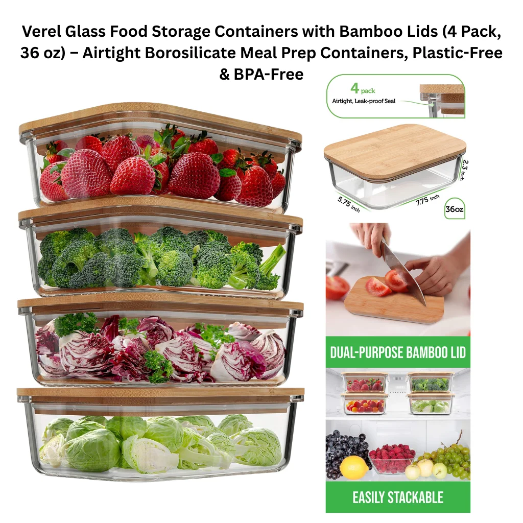 A product collage showing four identical rectangular clear borosilicate glass containers with natural bamboo lids featuring metal locking clips, each filled with fresh produce — strawberries, broccoli, radicchio with herbs, and Brussels sprouts. A dimensional diagram labels each container as 7.75" long, 5.75" wide, and 2.3" tall with a 36 oz capacity, and a callout notes the airtight leak-proof seal of the 4-pack. Supporting panels on the right show the bamboo lid doubling as a cutting board with a knife and tomatoes on its surface, a refrigerator organization photo showing the containers stacked neatly on shelves with colorful fruits and vegetables visible through the glass, with feature callouts for dual-purpose bamboo lid and easily stackable design.