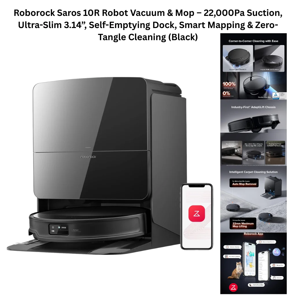 A product collage showing a sleek black Roborock Saros 10R robot vacuum docked in its tall self-emptying base station with a glossy dark finish, alongside a smartphone displaying the Roborock app icon. Supporting feature panels on the right highlight corner-to-corner cleaning capability with flexible side brush and irregular wall and furniture navigation achieving 100% lap and crevice coverage with 0% floor area missed, the industry-first AdaptiLift Chassis system shown in three detail shots demonstrating 4mm double-layer threshold crossing, 22mm mop lifting for high-pile carpets, and freeing itself from U-shaped furniture legs, an intelligent carpet cleaning solution panel showing auto mop removal for high-pile carpets and 22mm maximum mop lifting for low-pile carpets, and the Roborock app interface showing smart mapping, schedule cleaning, AI obstacle recognition, and on-the-go remote control features.