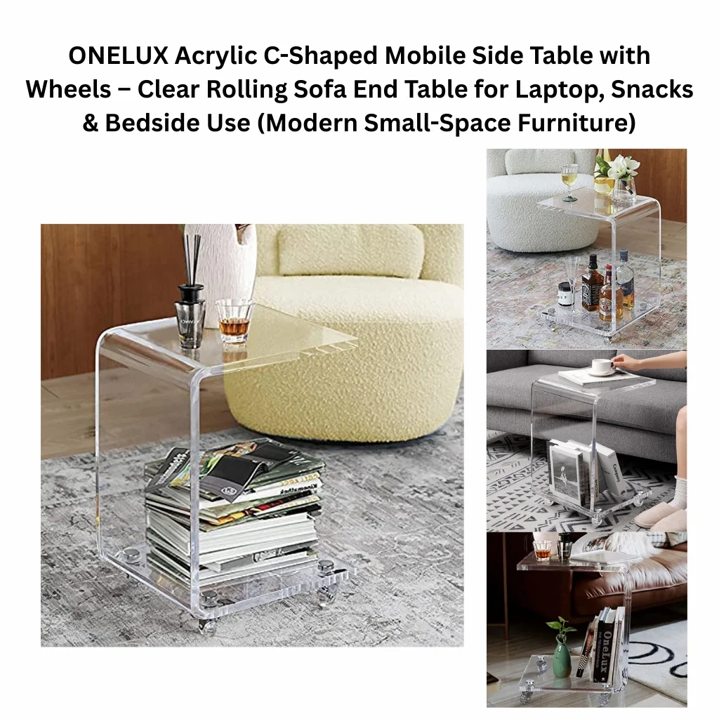 A product collage showing a fully transparent clear acrylic C-shaped two-tier side table on small caster wheels. The main lifestyle image shows the table beside a cream boucle ottoman with magazines stored on the lower shelf and a diffuser and glass on top. Three additional lifestyle photos show the table used as a drinks cart with wine glasses and bottles, tucked beside a gray sofa with books and a coffee cup, and positioned next to a leather armchair with a small vase and reading materials on the lower shelf.