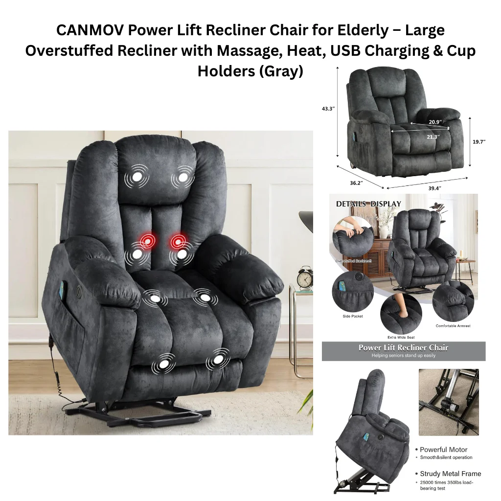 A product collage showing a large dark gray overstuffed velvet-textured power lift recliner chair with vibration massage point indicators overlaid across the backrest, lumbar, and seat areas, with red heat indicators at the lumbar zone and a corded hand controller visible at the side. A dimensional diagram labels the chair as 43.3" tall, 39.4" wide, 36.2" deep, with a 20.9" seat width, 21.3" seat depth, and 19.7" seat height. A details display panel highlights the overstuffed backrest, side storage pocket, extra wide seat, and padded armrests in close-up circles. A lower panel shows the chair in its powered lift position tilted forward to help users stand, alongside an exposed metal lift frame mechanism, with bullet points noting a powerful smooth and silent motor and a sturdy metal frame tested to 25,000 times at 350 pounds load-bearing capacity.