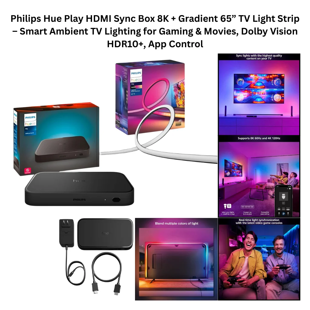 A product collage showing the Philips Hue Play HDMI Sync Box 8K, a flat black set-top device, alongside its retail packaging and the separate Gradient TV Light Strip packaging showing a coiled white LED strip. Included accessories are shown separately: a power adapter, the sync box unit, and an HDMI cable. Supporting feature panels on the right show a TV with vivid multicolor ambient backlighting labeled "Sync lights with the highest quality content on your TV," a living room gaming setup with purple and blue wall lighting noting support for 8K 60Hz and 4K 120Hz, a three-step setup diagram showing light selection, bridge connection up to four devices, and personalization via the app, a close-up of a TV surrounded by blended gradient colors labeled "Blend multiple colors of light," and a lifestyle photo of two men gaming and laughing labeled "Real-time light synchronization with the latest video game consoles."