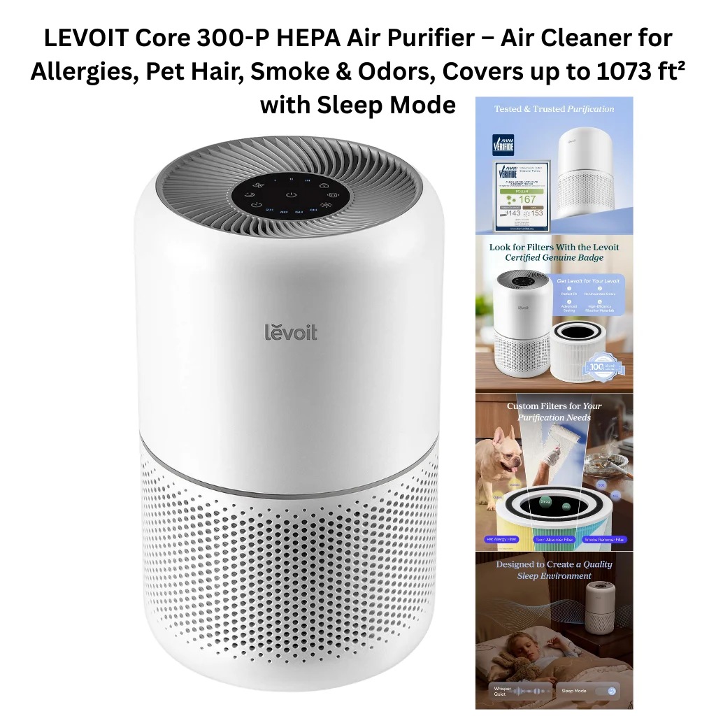 A product collage showing a compact white cylindrical LEVOIT air purifier with a perforated lower intake body and a dark touch control panel on top with fan speed, timer, and mode buttons. Four supporting panels on the right show an AHAM Verified certification badge with a CADR score of 167 under the "Tested & Trusted Purification" label, a genuine filter authentication panel encouraging users to look for the Levoit Certified Genuine Badge with features including advanced sealing, no counterfeit filters, and high-efficiency filtration, a custom filter options panel showing three available filter types — Pet Allergy Filter, Pet + Allergen Filter, and Smoke Removal Filter — illustrated with a French bulldog and smoky cooking imagery, and a sleep environment panel highlighting the whisper-quiet operation and sleep mode feature with a nighttime nursery scene.