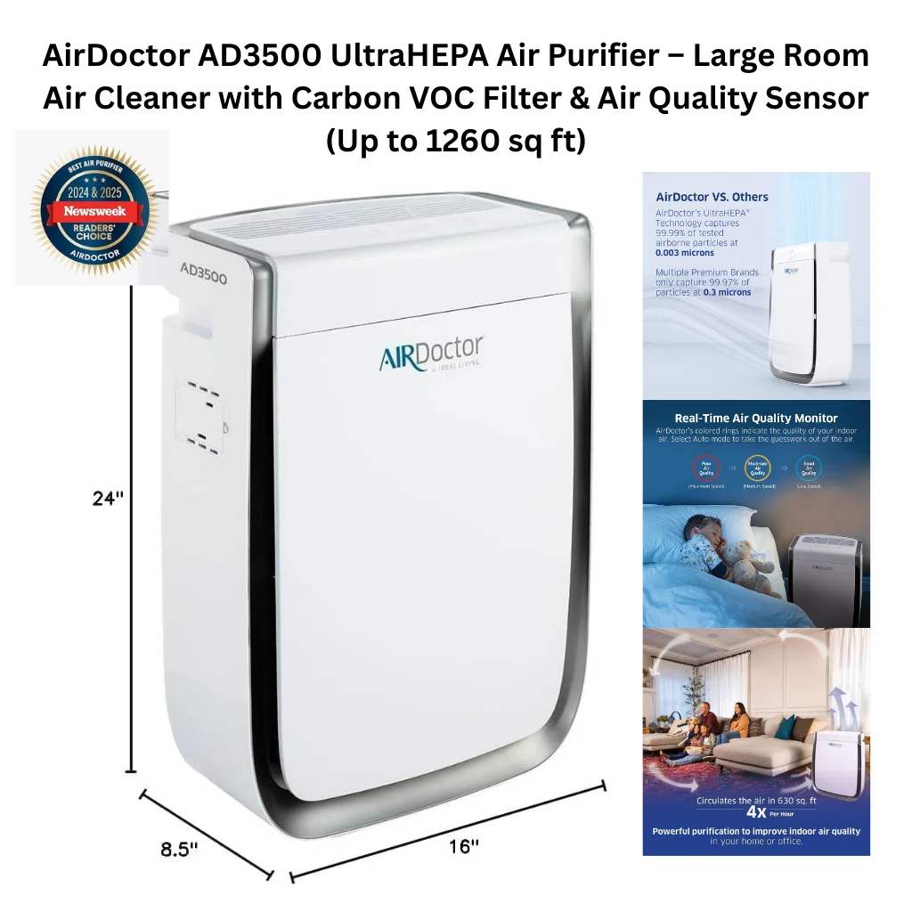A product collage showing a tall white and silver rectangular AirDoctor AD3500 air purifier measuring 24" tall, 16" wide, and 8.5" deep, with side intake vents and the AirDoctor logo on the front panel. A Newsweek Readers' Choice Best Air Purifier 2024 & 2025 badge is displayed in the top left corner. Three supporting panels on the right show an AirDoctor vs. Others comparison noting the UltraHEPA technology captures 99.99% of tested airborne particles at 0.003 microns versus competing brands that capture at only 0.3 microns, a real-time air quality monitor diagram showing three colored ring indicator states from poor to moderate to good air quality with auto speed adjustment, and a lifestyle family living room photo noting the unit circulates air in 630 sq ft four times per hour for powerful purification in home or office settings.