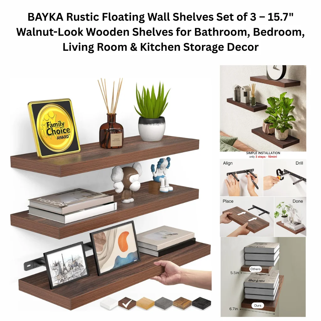 A product collage showing three dark walnut-finish wooden floating wall shelves staggered at different depths, displayed with decorative items including a reed diffuser, potted succulent, art books, figurines, and a picture frame. A Family Choice Award badge is visible. Supporting images include a lifestyle photo of the shelves mounted on a wall with plants, a four-step installation diagram showing the align, drill, place, and done process noted as taking only 3 steps and 10 minutes, a depth comparison graphic showing these shelves at 6.7 inches versus a competitor's 5.5 inches, and a color swatch row showing available finishes including white, walnut, natural wood, gray, and black.