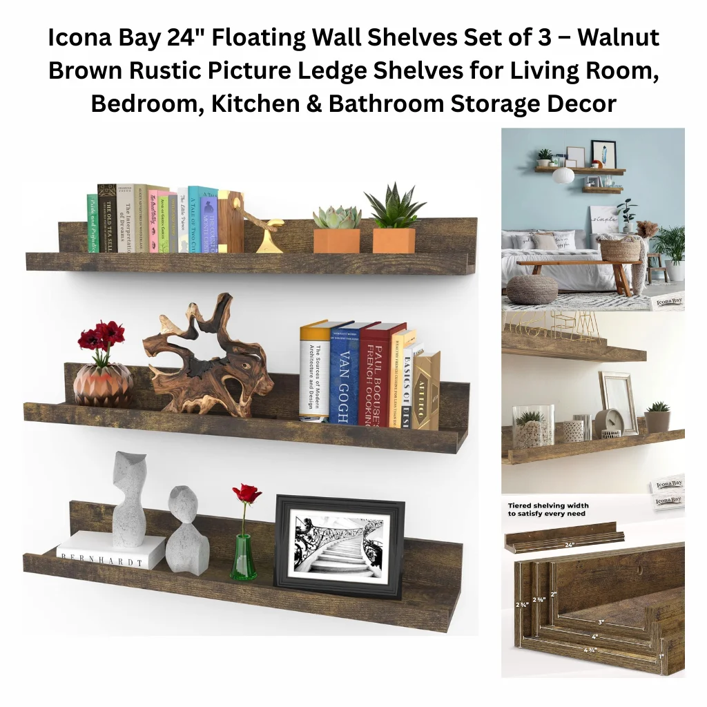 A product collage showing three dark walnut brown rustic wooden picture ledge shelves with a raised front lip, displayed at varying widths and styled with books, succulents, a flower vase, driftwood sculpture, abstract sculptures, and a framed photo. Supporting images include a lifestyle photo of the shelves mounted above a bed in a light blue bedroom, a close-up product shot showing a shelf styled with a picture frame and small plants, and a dimensional diagram illustrating the tiered shelving widths available, labeled as 24 inches long with depth measurements of 2", 3", and 4" across the different size options.