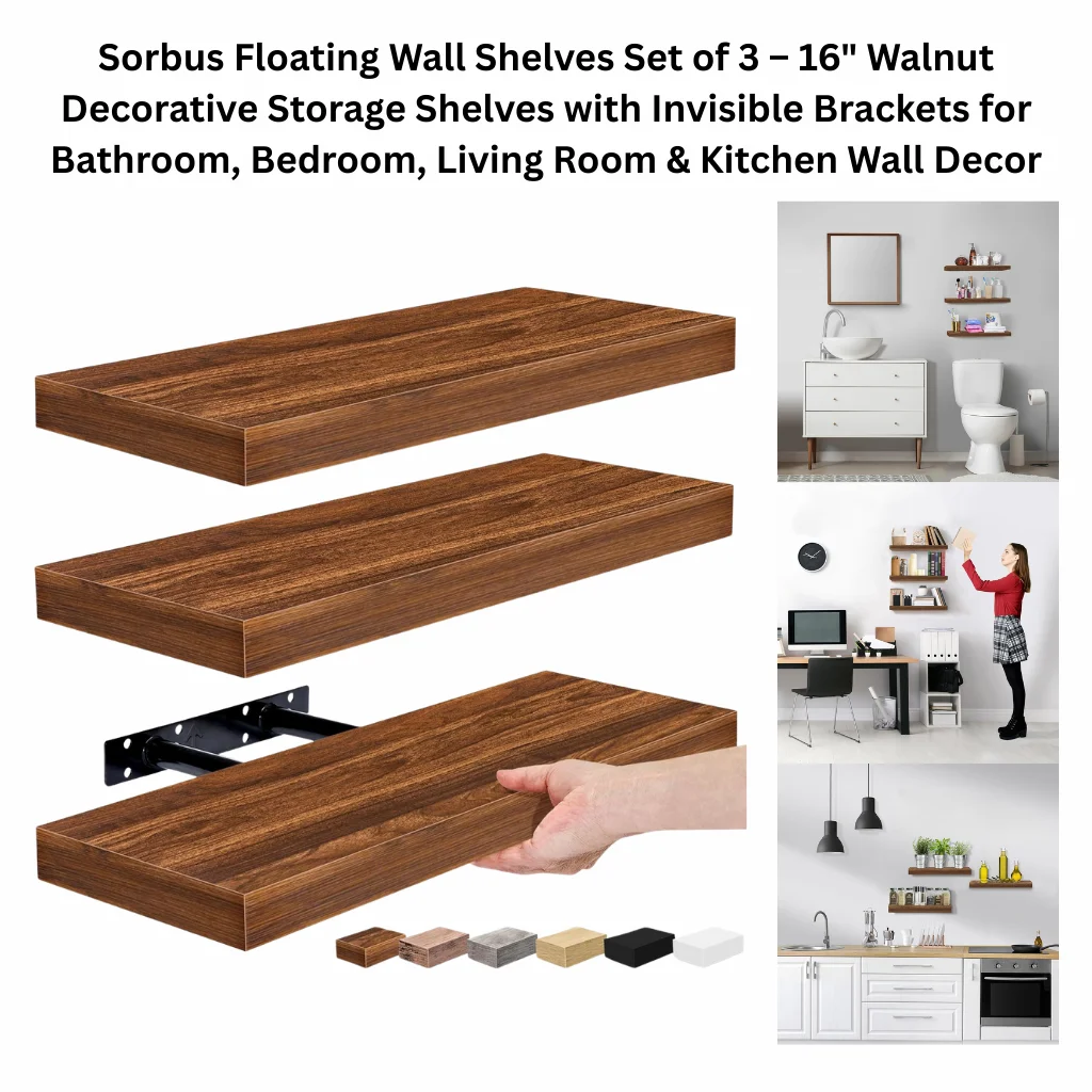 A product collage showing three thick, flat walnut-finish wooden floating shelves with a smooth top surface and no front lip. The main image displays all three shelves against a white background, with the bottom shelf tilted to reveal the concealed black metal L-bracket mounting hardware underneath, held by a hand. Three lifestyle photos show the shelves installed in a bathroom above a vanity with toiletries, in a home office with books and supplies with a woman reaching up to arrange items, and in a kitchen above countertops with small plants and bottles. A color swatch row at the bottom displays available finishes including walnut, light wood, gray, natural, black, and white.
