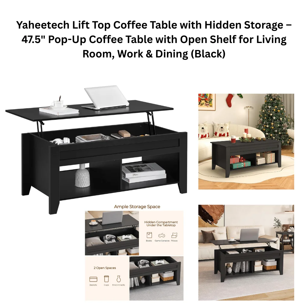 A product collage showing a black rectangular coffee table with a hydraulic lift-top mechanism raised to reveal a hidden interior compartment, with a laptop and stationery on the elevated surface and a vase and magazine visible in the two open lower shelf compartments. An infographic highlights the ample storage features, noting the hidden compartment under the tabletop suitable for books, game consoles, and pillows, plus two open lower spaces for baskets, cups, and knick-knacks. Two lifestyle photos show the table in a festive living room with gift boxes on the lower shelf, and in a neutral living room with the lift top raised and storage baskets in the lower compartments.