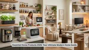 A stylized promotional lifestyle composite image branded with the "Room Routine" logo, depicting an idealized modern open-plan home across three zones. The left kitchen zone shows a woman chopping vegetables at a marble countertop surrounded by a smart indoor herb garden with grow light, wall-mounted knife strip, floating wood shelves with glass pantry jars, an air fryer with touchscreen display, a drip coffee maker, and a compact countertop dishwasher with a green indicator light. The center living area features a cream boucle armchair, a round wood coffee table with stacked books, and a bookshelf styled with plants, vases, and a dark plaque reading "2026: Smart, Aesthetic & Organized Living." The right panel shows a home office desk setup with a monitor, laptop, gold table lamp, sunset projection lamp, and a desktop organizer tray, with a small inset image of a closet with white hangers and an over-door organizer. A bold title banner at the bottom reads "Essential Home Products 2026: Your Ultimate Modern Home Guide."